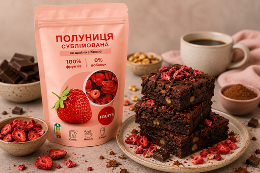 Шоколадний брауні з сублімованою полуницею та горіхами